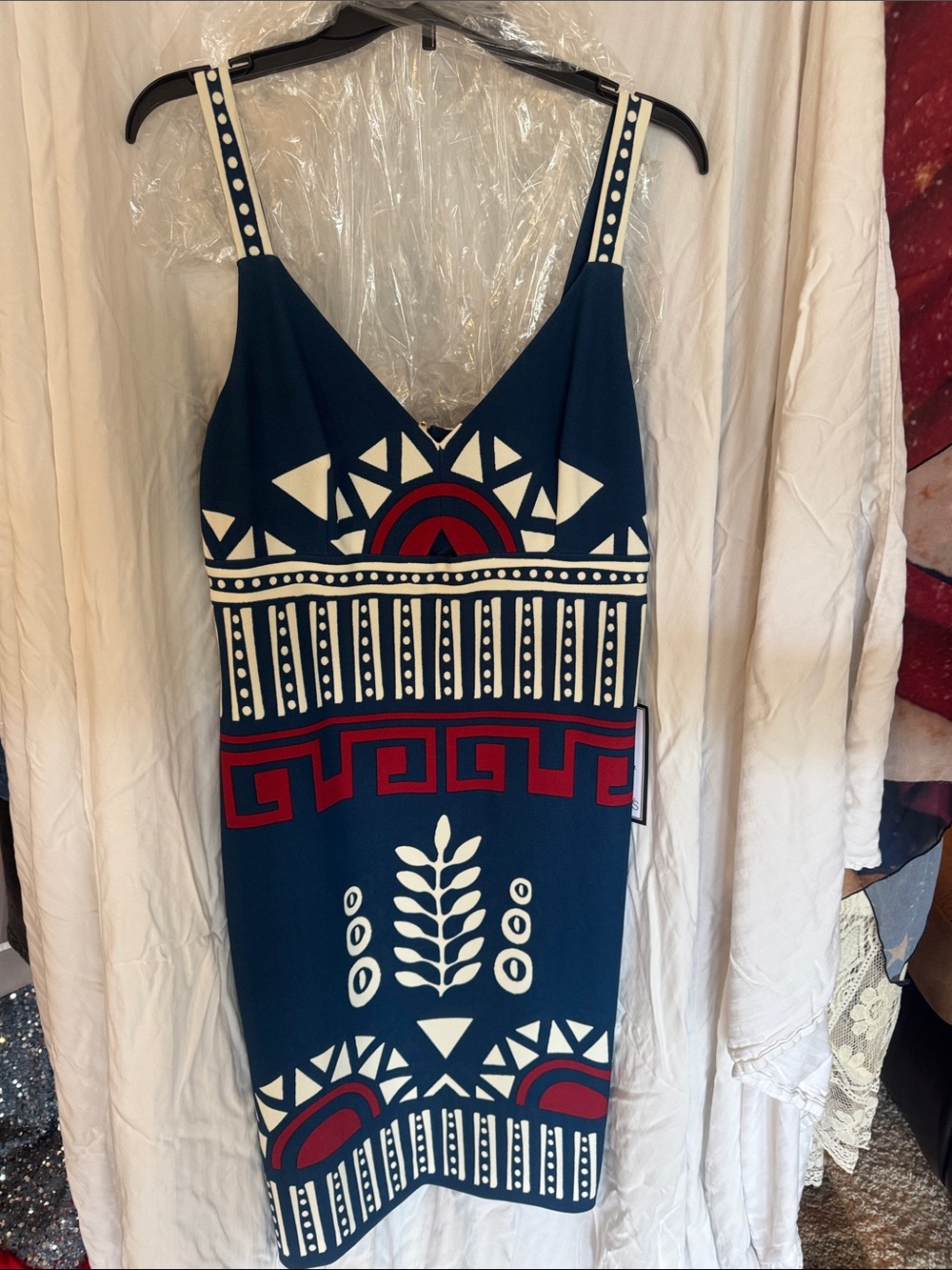 Rachael Ray Navy Tribal Sheath Dress with Red & White Graphic Accents